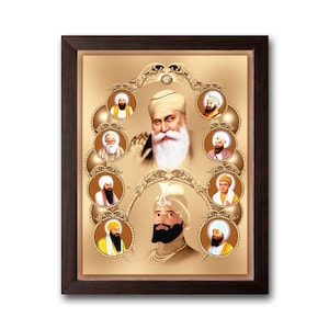May include: A framed print featuring a gold background with a circular design of 10 portraits of Sikh Gurus. The central portrait is of Guru Gobind Singh Ji, the tenth Guru, and the other portraits are of the nine previous Gurus. The print is surrounded by a brown wooden frame.