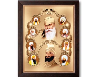 All Ten Sikh Gurus Painting: HD Printed Picture with Frame for Home, Office.