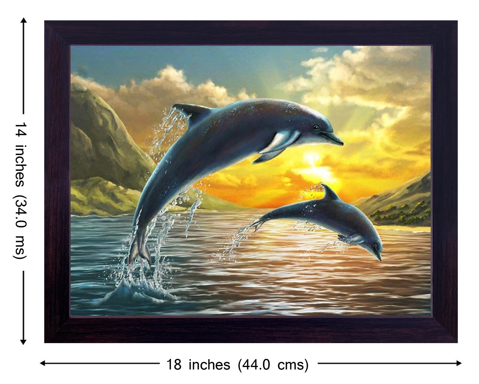 Jumping Dolphin HD Print: Sparkle Coated Picture With Brown Frame