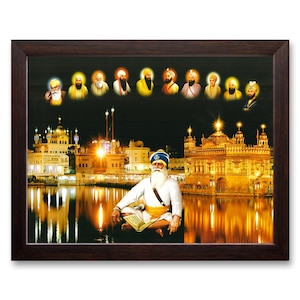 Baba Deep Singh ji with All Ten Sikh Gurus and Golden Temple in Amritsar, HD Printed Religious & Decor Picture with Frame.