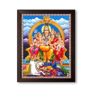 Lord Shiva Family, HD Printed Religious & Decor Picture with Plain Brown Frame.