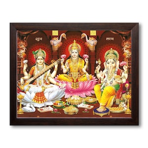 Stampa religiosa incorniciata di Mata Laxmi, Saraswati e Ganesha