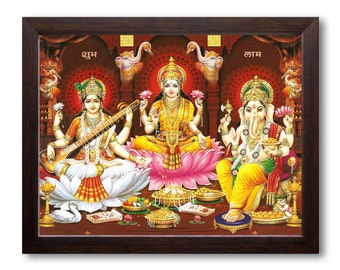 Mata Laxmi, Saraswati, and Ganesha Framed Religious Print