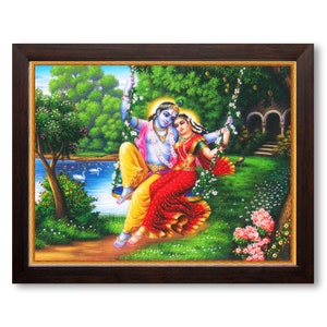 May include: A painting of a couple on a swing in a lush green garden. The man is blue-skinned and wearing a yellow dhoti, while the woman is wearing a red sari. The swing is made of vines and flowers.