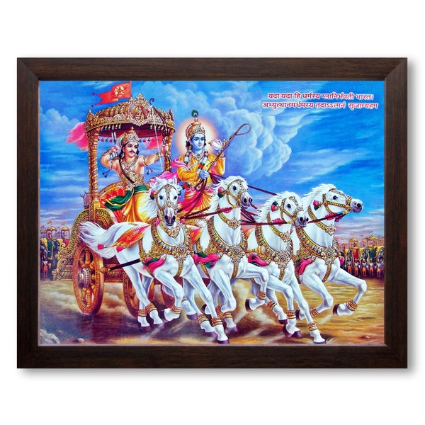 Shree Krishna as Saarthi of Arjun in Mahabharata War at Kurukshetra Field, HD Printed Religious & Decor Picture with Frame.