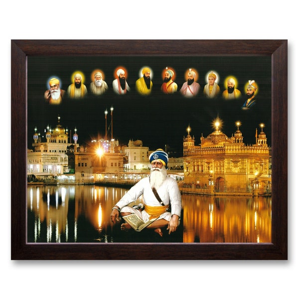 Baba Deep Singh ji with All Ten Sikh Gurus and Golden Temple in Amritsar, HD Printed Religious & Decor Picture with Frame.