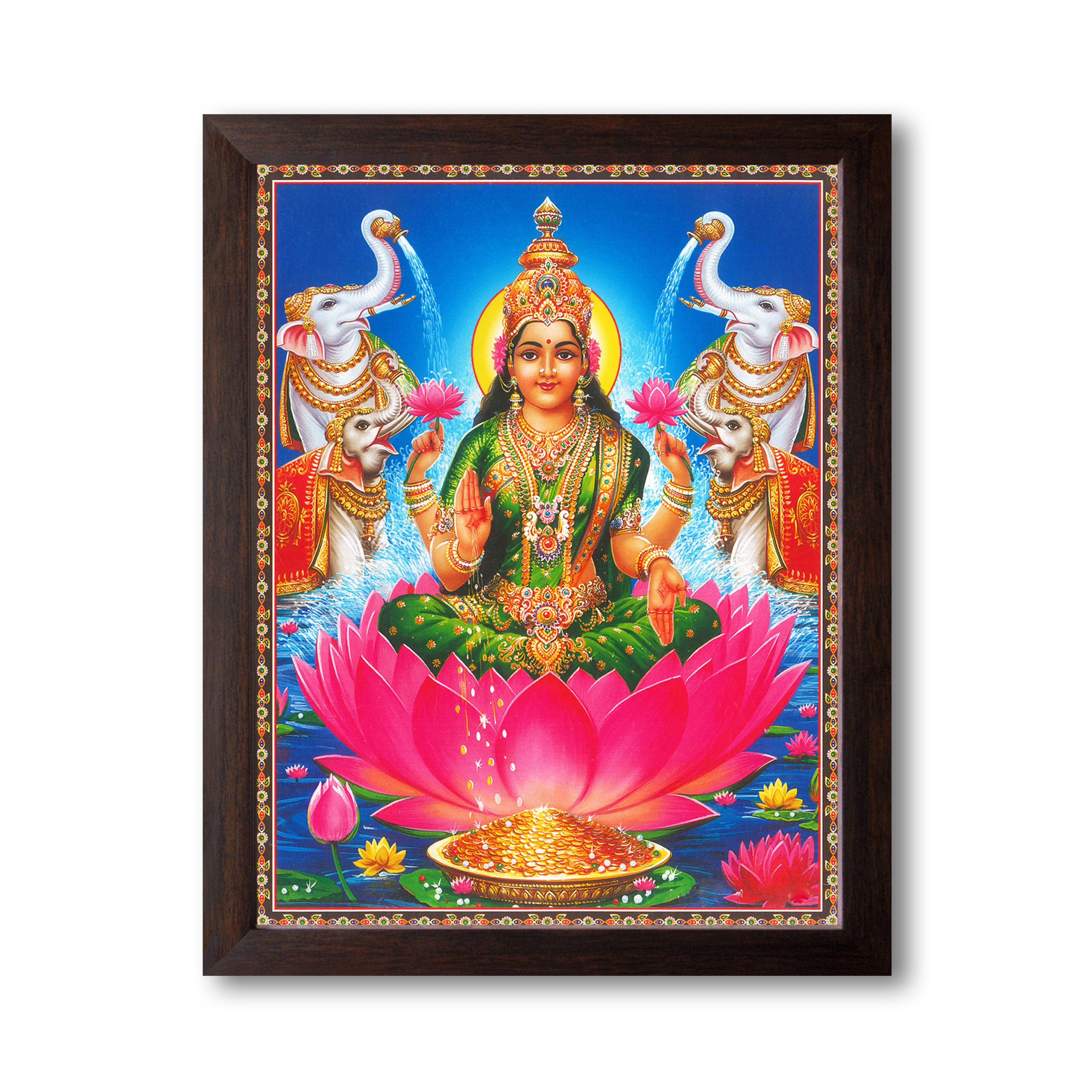 Goddess of Wealth, Maa Laxmi Showering Money, HD Printed Religious & Decor Poster Painting with Frame for Home and Office.