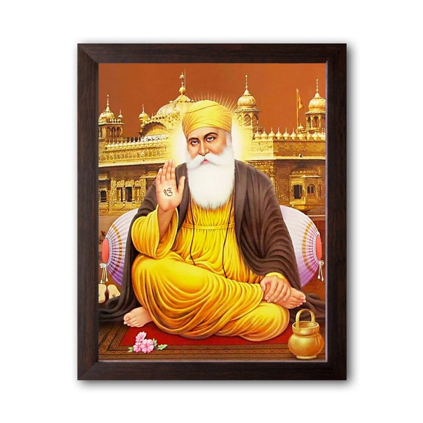 Guru Nanak Dev ji and Golden Temple, HD Printed Religious & Decor Picture with Plain Brown Frame.