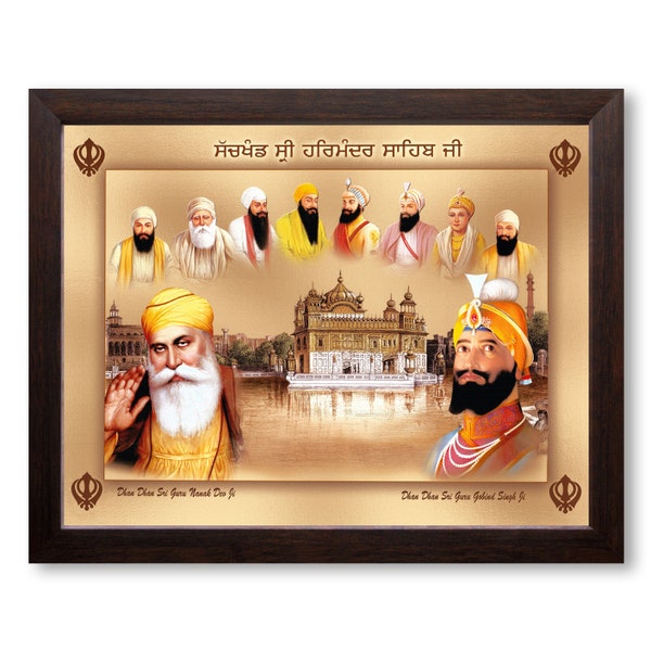 All Ten Sikh Gurus and Golden Temple HD Printed Religious & Wall Decor Painting with Frame for Home, Office.