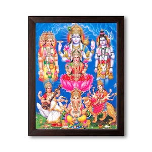 Dea Lakshmi con Brahama Vishnu e Mahesh, dipinto religioso e decorativo con stampa HD e cornice.