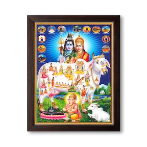 Lord Shiva avec une vache Kamadhenu et divers dieux, image religieuse et décoration imprimée HD avec cadre marron uni.