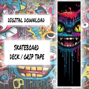 Könnte beinhalten: Digitaler Download eines Skateboard-Deck- oder Griptape-Designs mit einer bunten, tropfenden, Cartoon-Katze mit grünen Augen und einem breiten Grinsen vor schwarzem Hintergrund.