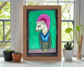 Original Surrealism Art: Handmade Headshot Painting (20*25),Surreal Goat Portrait Painting on Board – Symbolic Animal Art, Mystical Folk