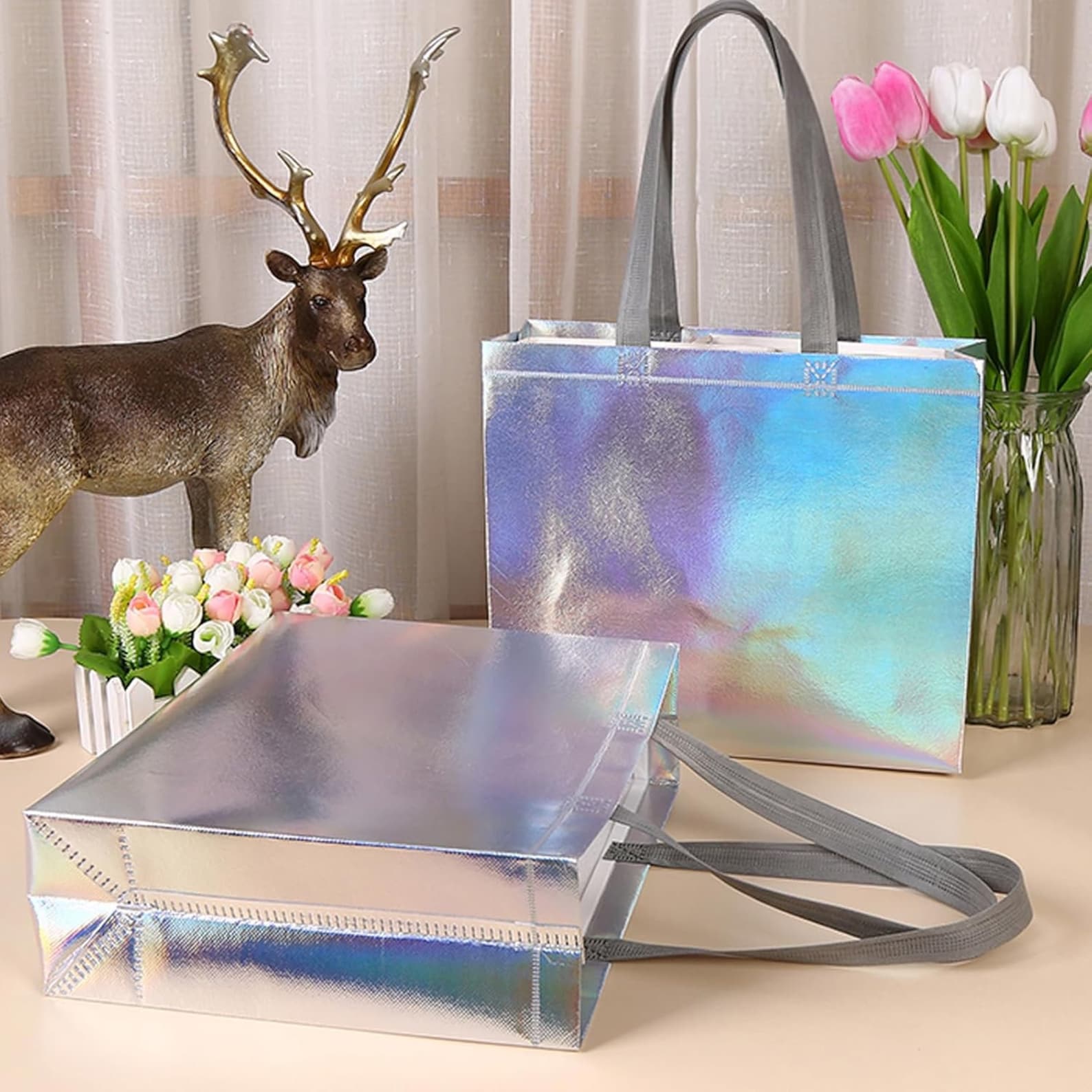 Set Of 5 Glossy Reusable Gift Bags – Rose Gold, Non-Woven, Waterproof, 12.7x11.1x4.7 Inches, With Handles 3 thumbnail image
