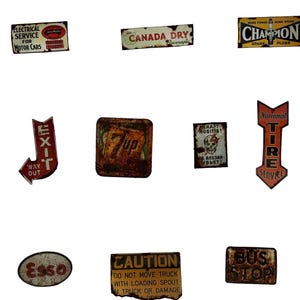 Pack of 10 Garage Diorama Metal Signs - Choose Scale: 1/18, 1/32, 1/43 or 1/64