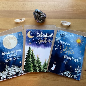 Winter Solstice Greeting Card Trio Pack | Celestial Moon, Winter Scene, Winter Blessings | 5x7