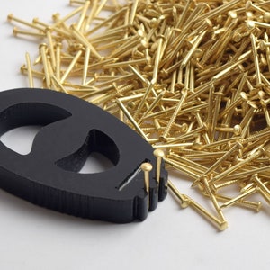 Könnte beinhalten: Ein großer Haufen goldfarbener Reißnägel oder Nägel, mit einem schwarzen Gummireißnagelhalter im Vordergrund.