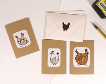 Karten Hühner-Liebe | 3er-Set | Genäht aus Stoff und Kraftpapier