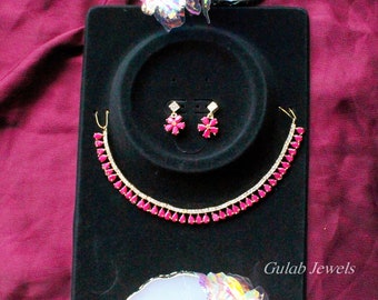 Asian Indian Pakistani Jewellery Set - Purple Burgundy Flower Set - Simple Asian Jewellery -Necklace and Earrings