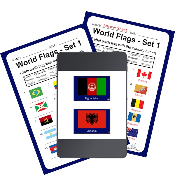 195 World Flags Flashcards with Worksheets, Instant Download, Country Flag Study Cards, Geography, Explore the World, Montessori, Homeschool