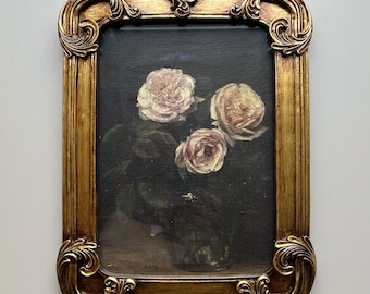 CLASSIC VINTAGE ROSES -Ornate Gold Frame with glass, Fine oil on Canvas