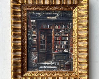 Gold Wood Framed Book shop,  Vintage Oil Painting Style, Oil Print on Canvas