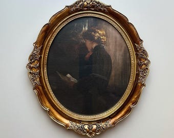 Oval Lady Portrait – Vintage Oil Print on Canvas,  Ornate Gold Frame with glass