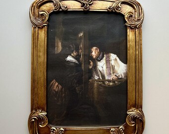CLASSIC VINTAGE CONFESSION - Ornate Gold Frame with glass, Fine oil on Canvas