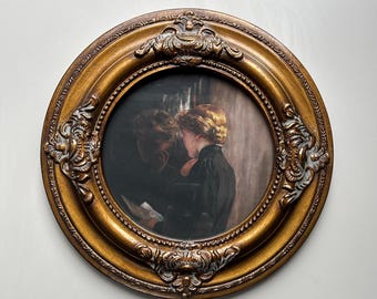 ROUND FRAMED- Lady Letter : Vintage Painting Style, Ornate Gold Frame with glass, Oil Canvas Print