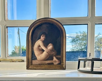 Arched Framed Bather Print – Vintage Style Oil on Canvas, Gold Resin Frame with glass
