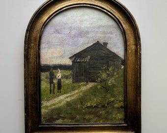 ARCHED FRAMED - Rural Scene, Antique Gold, Fine Art Print, On Canvas, Vintage Repro, Resin Frame with glass