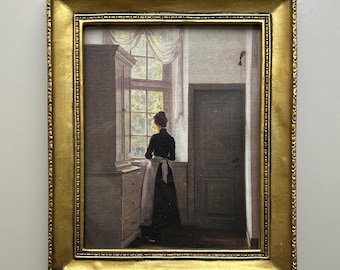 Vintage Framed Canvas Print - Woman at Window, Ornate Gold Resin Frame with glass
