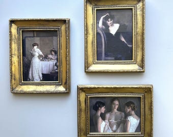 SET OF 3 : Vintage Fine Art Wall Decor, fine oil print, on canvas, golf frame with glass