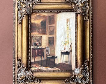 DECORATIVE VINTAGE-  Room View, Oil on Canvas Print,  Ornate Gold Frame