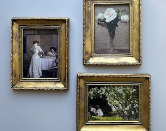 SET OF 3 : Vintage Fine Art Wall Decor, fine oil print, resin frame with glass