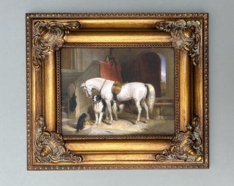DECORATIVE  HORSE in STABLE : Framed Fine Oil Canvas Print, Ornate Gold Frame