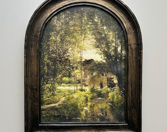 ARCHED FRAMED - Country Scene , Antique Gold, Fine Art Print, On Canvas, Vintage Repro, Resin Frame with glass