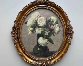 Oval White Roses – Vintage Gold Frame with glass. oil print on canvas