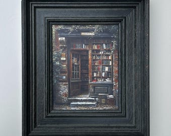 Framed BOOK SHOP Oil Painting on Canvas Print: Vintage Italian Rustic Black Frame