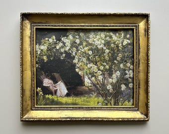 Vintage Garden Scene Canvas Print - Ornate Gold Resin Frame with glass