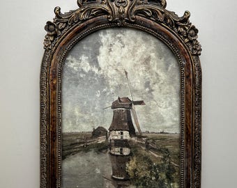 ORNATE FRAMED WINDMILL- Antique Gold, Fine Art Print, On Canvas, Vintage Repro, Resin Frame with glass, Wall Deco