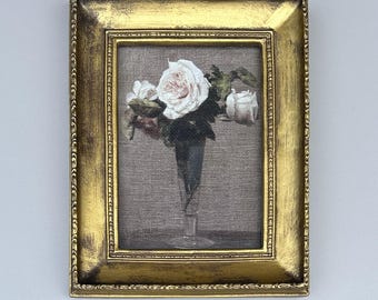 Small Vintage Oil Print Roses, Ornate Gold Frame with glass, Wall Art, Antique Painting Detail