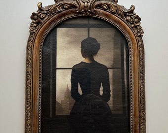 ORNATE FRAMED - Woman in Window, Antique Gold, Fine Art Print, On Canvas, Vintage Repro, Resin Frame with glass, Wall Deco