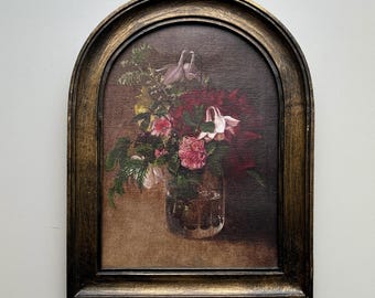 ARCHED FRAMED wild FLOWERS - Antique Gold, Fine Art Print, On Canvas, Vintage Repro, Resin Frame with glass