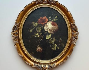 OVAL ROSES DARK - Framed, Fine Art Oil Print on Canvas, Vintage Classic, Wall Decor, Gold Frame with glass