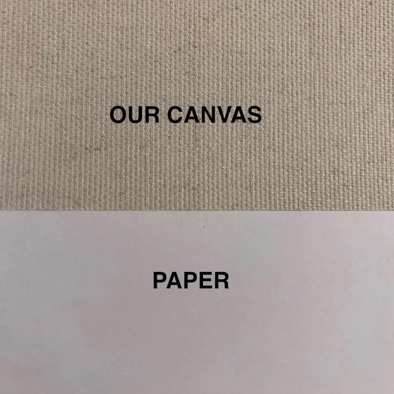 May include: A close-up of two textured surfaces. The top section is a beige canvas with the text "OUR CANVAS" in black. The bottom section is white paper with the text "PAPER" in black.