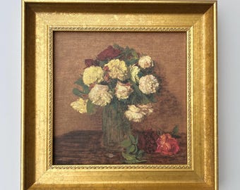 MARCO DE MADERA DORADO - Rosas blancas, óleo sobre lienzo, impresión fina, estilo antiguo, decoración de pared vintage