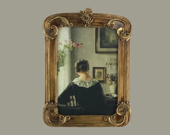 Vintage Lady Desk Oil Painting Print: Ornate Gold Resin Frame