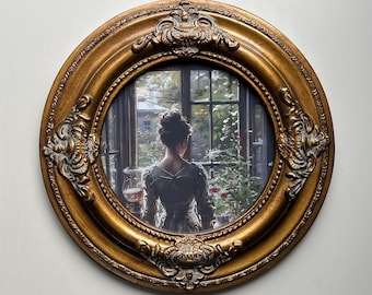 ROUND FRAMED -Lady Window- Vintage Painting Style,Oil on Canvas Print,  Ornate Gold Frame with Glass