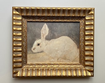 Gold Framed Antique Style Oil Print on Canvas, Rabbit, Wood Frame